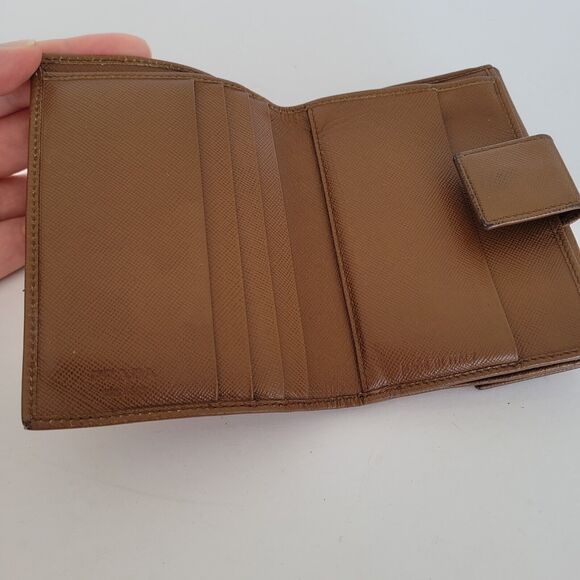 PRADA Leather Logo Wallet Small Bifold Brown Saffiano Compact Card Bill Coin - Picture 4 of 16